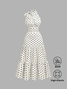 SHEIN MOD 女款白色黑波點蝴蝶結裝飾收腰時尚洋裝，適合聖誕節、萬聖節、優雅浪漫花園派對與早午餐，夏季穿搭 - 黑與白 - 查看 4