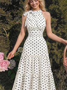 SHEIN MOD 女款白色黑波點蝴蝶結裝飾收腰時尚洋裝，適合聖誕節、萬聖節、優雅浪漫花園派對與早午餐，夏季穿搭 - 黑與白 - 查看 2