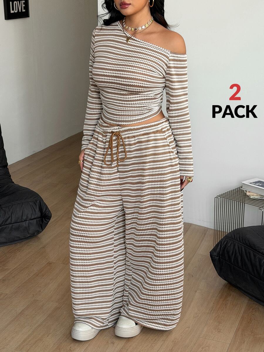 Coolane Women's Plus Size Fall Winter Elegant Daily Wear Going Out Khaki White Striped Asymmetrical Neck T-Shirt And Wide Leg Sweatpants Two Pieces - Apricot - View 1