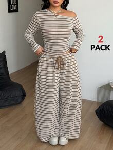 Coolane طقم كاجوال مقاس كبير بكتف غير متماثل وخطوط وأكمام طويلة مع بنطال طويل بخصر برباط - لون مشمشي - مشاهدة 6