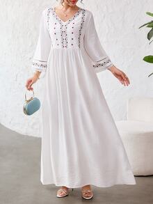 Mulvari Romantic V-Neck Colorful Embroidered Mid-Length Flare Sleeve Dress, Spring/Summer - White - View 7
