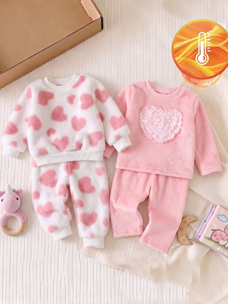 2pcs Baby Girl Soft Plush Pink Cute Polar Bear Print Round Neck Long Sleeve Pants Pajama Set - Pink - View 10