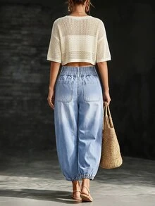 LUMIGAL High Waist Slant Pocket Jogger Jeans - Light Wash - View 2
