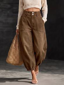 LUMIGAL Women's Street Fashion Button Pocket Denim Cropped Pants - Coffee Brown - View 10