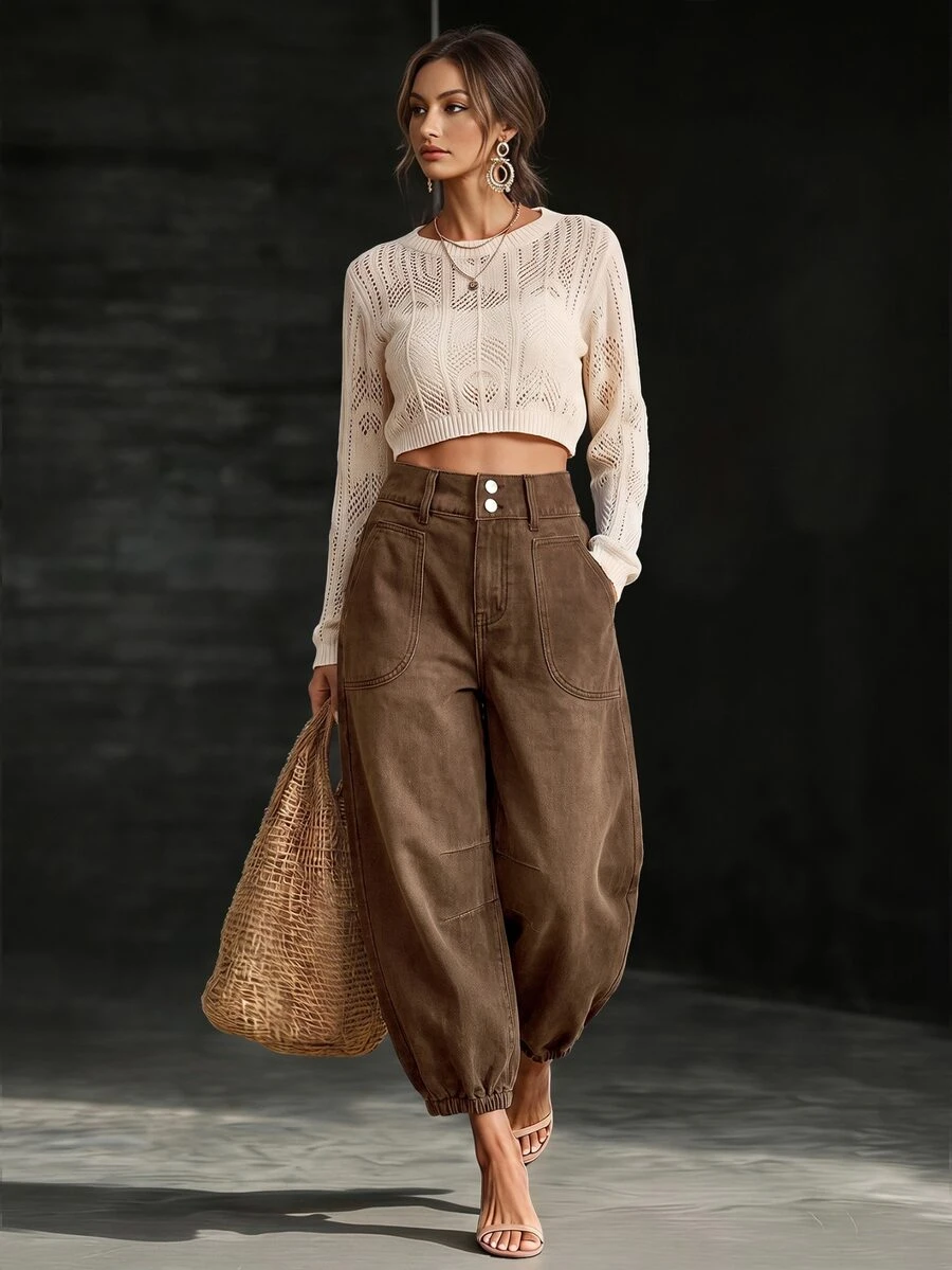 LUMIGAL Women's Street Fashion Button Pocket Denim Cropped Pants - Coffee Brown - View 1