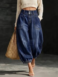 LUMIGAL Quần jeans jogger cạp cao túi chéo - Rửa tối - Xem 5