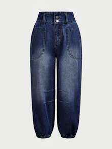 LUMIGAL Quần jeans jogger cạp cao túi chéo - Rửa tối - Xem 3