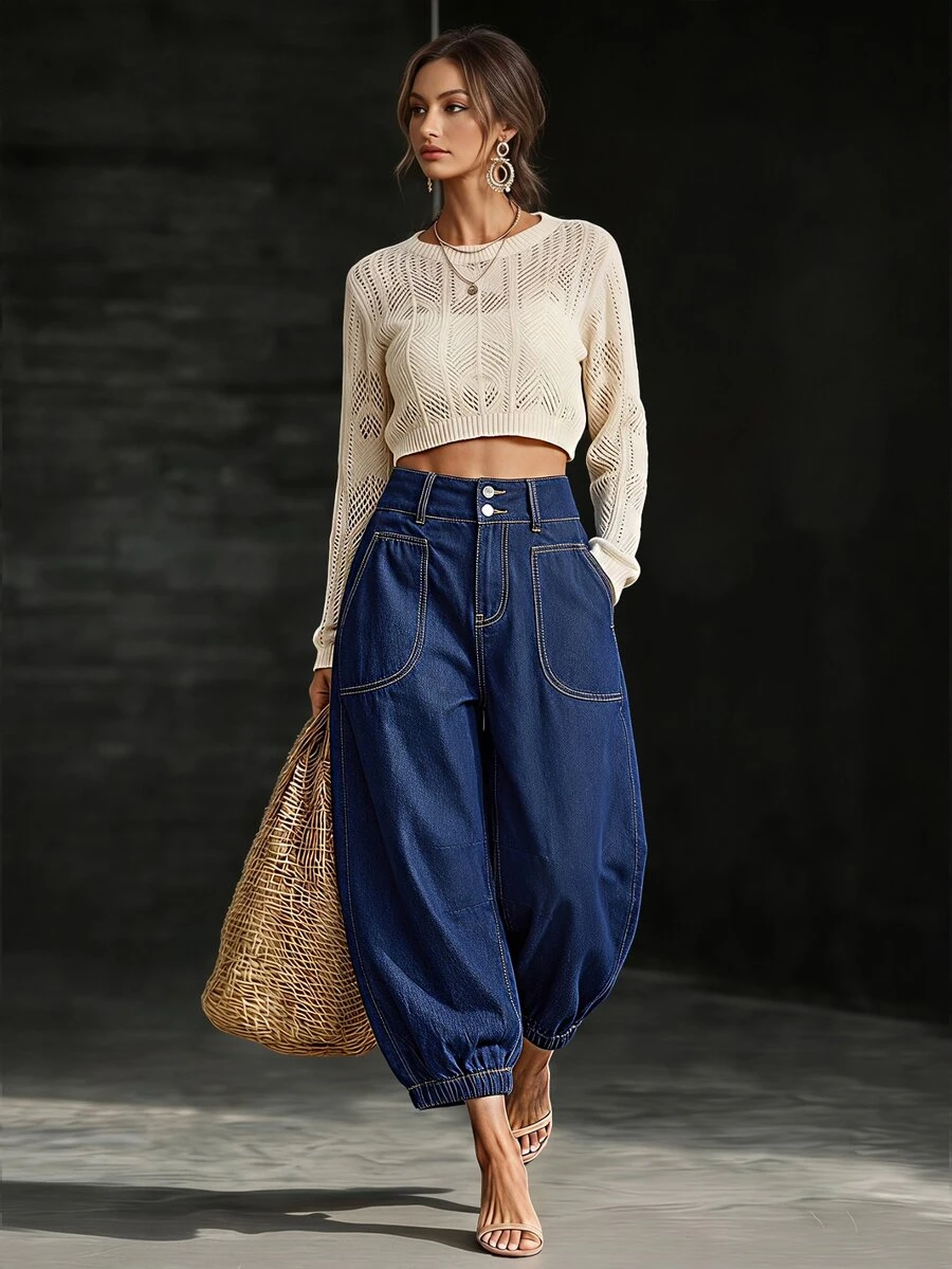 LUMIGAL Quần jeans denim nữ thời trang đa năng có túi cài nút - Màu xanh lam - Xem 1