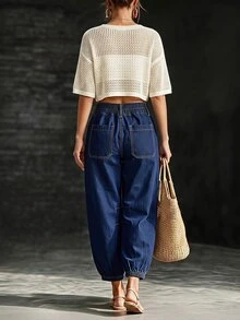 LUMIGAL Quần jeans denim nữ thời trang đa năng có túi cài nút - Màu xanh lam - Xem 2