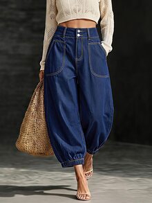 LUMIGAL Quần jeans denim nữ thời trang đa năng có túi cài nút - Màu xanh lam - Xem 7