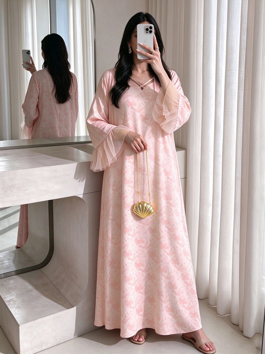 Mulvari Spring Pink Mesh Patchwork Loose Slimming Dress Square Neck, Long, Straight, Casual, Elegant, Fall Women, New - Pink - View 1