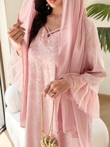 Mulvari Spring Pink Mesh Patchwork Loose Slimming Dress Square Neck, Long, Straight, Casual, Elegant, Fall Women, New - Pink - View 3