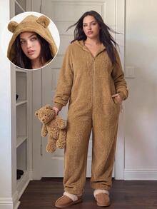Comfortcana Plus Size Women's New Plush Leopard Print Hooded Fashion Loose Jumpsuit - Brown - View 7