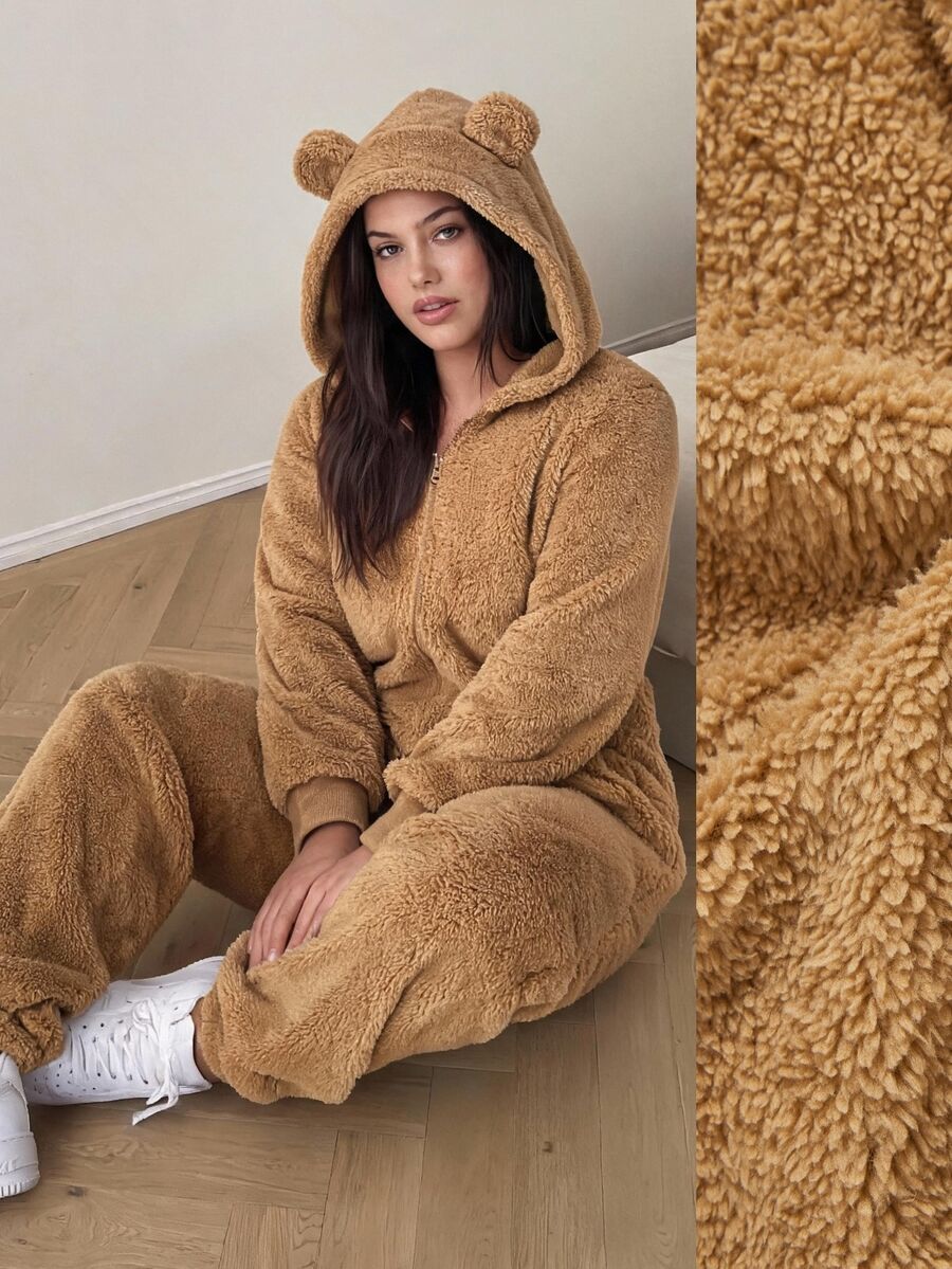 Comfortcana Plus Size Women's New Plush Leopard Print Hooded Fashion Loose Jumpsuit - Brown - View 1