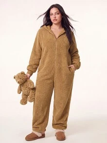 Comfortcana Plus Size Women's New Plush Leopard Print Hooded Fashion Loose Jumpsuit - Brown - View 4