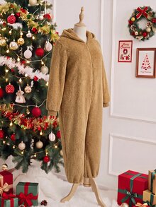 Comfortcana Plus Size Women's New Plush Leopard Print Hooded Fashion Loose Jumpsuit - Brown - View 5