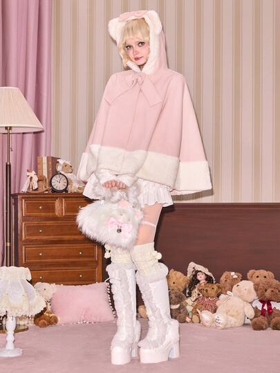 Kawaii Giacca da donna stile giapponese carino con orecchie da gatto, rosa, in lana e pile corallo, a mantello, vestibilità regolare, autunno/inverno