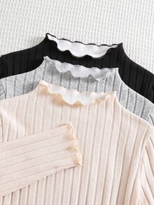 3pcs Tween Girls' Casual All-Match Solid Color Ribbed Lettuce Trim Mock Neck T-Shirts - Multicolor - View 6