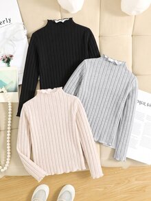 3pcs Tween Girls' Casual All-Match Solid Color Ribbed Lettuce Trim Mock Neck T-Shirts - Multicolor - View 1