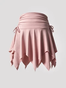 Sweetra Women's Plus Size Solid Color Asymmetric Hem Side Waist Drawstring Skort - Pink - View 1