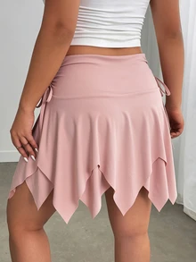 Sweetra Women's Plus Size Solid Color Asymmetric Hem Side Waist Drawstring Skort - Pink - View 2