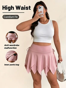 Sweetra Women's Plus Size Solid Color Asymmetric Hem Side Waist Drawstring Skort - Pink - View 3