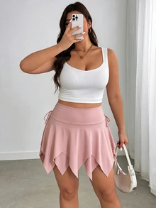 Sweetra Women's Plus Size Solid Color Asymmetric Hem Side Waist Drawstring Skort - Pink - View 5