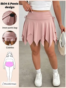 Sweetra Women's Plus Size Solid Color Asymmetric Hem Side Waist Drawstring Skort - Pink - View 4
