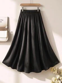 GlowEve CURVE Plus Size Women's Elegant Business Casual Metal Buckle Decor Asymmetrical Slit A-Line Umbrella Skirt Mid-Length Office Formal Skirt Fall Black - Black - View 5