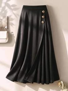 GlowEve CURVE Plus Size Women's Elegant Business Casual Metal Buckle Decor Asymmetrical Slit A-Line Umbrella Skirt Mid-Length Office Formal Skirt Fall Black - Black - View 1