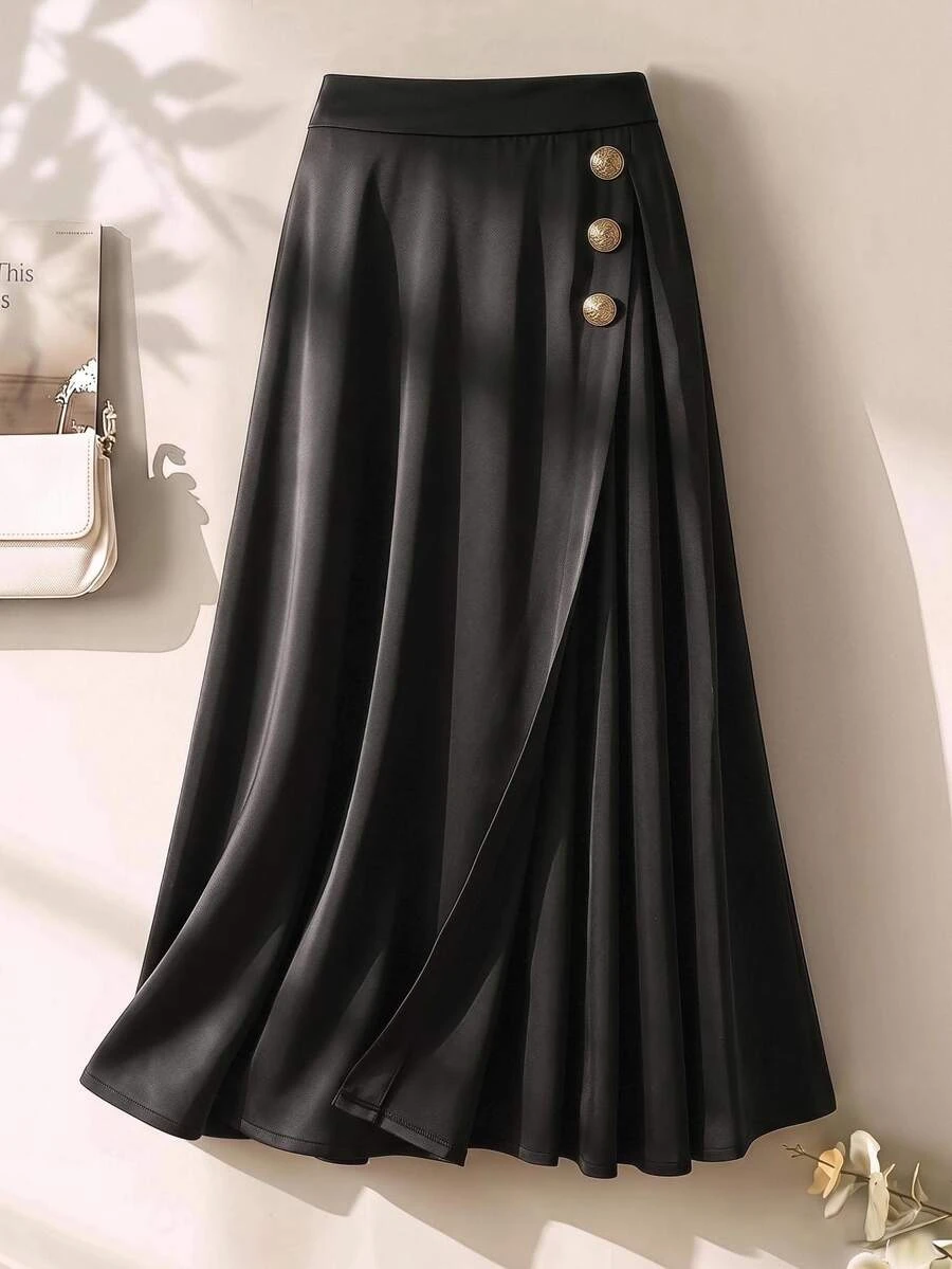GlowEve CURVE Plus Size Women's Elegant Business Casual Metal Buckle Decor Asymmetrical Slit A-Line Umbrella Skirt Mid-Length Office Formal Skirt Fall Black - Black - View 1