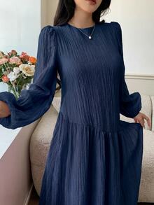 Solavon New Solid Color Loose Fit Comfortable Vacation Versatile Lantern Sleeve Dress Unlined Tea Party Everyday Night Fall French Elegant - Navy Blue - View 9