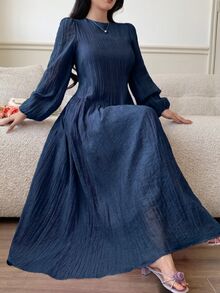 Solavon New Solid Color Loose Fit Comfortable Vacation Versatile Lantern Sleeve Dress Unlined Tea Party Everyday Night Fall French Elegant - Navy Blue - View 6