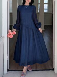 Solavon New Solid Color Loose Fit Comfortable Vacation Versatile Lantern Sleeve Dress Unlined Tea Party Everyday Night Fall French Elegant - Navy Blue - View 10