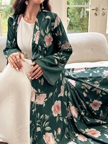Mulvari Light Green Floral Print Elegant Modest Daily Commute Women's Abaya Christening Guest Ninang Wedding Fall - Dark Green - View 6