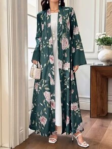 Mulvari Light Green Floral Print Elegant Modest Daily Commute Women's Abaya Christening Guest Ninang Wedding Fall - Dark Green - View 8