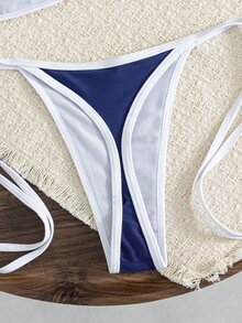 SHEIN Swim Conjunto de bikini de halter con espalda descubierta y contraste de colores para vacaciones de verano - Azul Marino - Ver 5