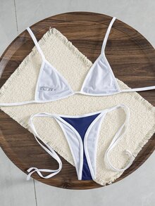 SHEIN Swim Conjunto de bikini de halter con espalda descubierta y contraste de colores para vacaciones de verano - Azul Marino - Ver 4