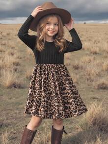 SHEIN Tween Girl Casual Minimalist Kids Comfortable Round Neck Pullover Long Sleeve Patchwork Midi Dress - Black - View 2