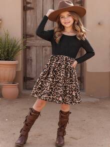 SHEIN Tween Girl Casual Minimalist Kids Comfortable Round Neck Pullover Long Sleeve Patchwork Midi Dress - Black - View 3
