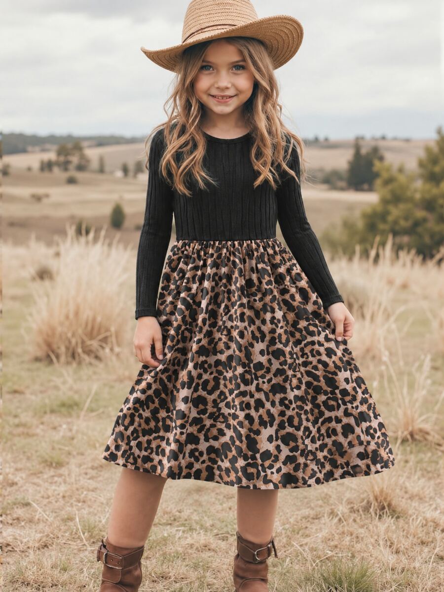 SHEIN Tween Girl Casual Minimalist Kids Comfortable Round Neck Pullover Long Sleeve Patchwork Midi Dress - Black - View 1