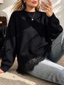Vionelle 大尺碼女款純色圓領落肩寬鬆針織毛衣，蕾絲下擺拼接 2 合 1 長袖套頭衫 - 黑色 - 查看 3