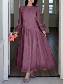 Solavon Solid Color Loose Fit Comfortable Vacation Versatile Lantern Sleeve Dress Unlined Sleeves Brunch Tea Party Mauve Purple Fall Modest Elegant - Mauve Purple - View 4