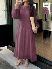 Solavon Solid Color Loose Fit Comfortable Vacation Versatile Lantern Sleeve Dress Unlined Sleeves Brunch Tea Party Mauve Purple Fall Modest Elegant - Mauve Purple - View 3