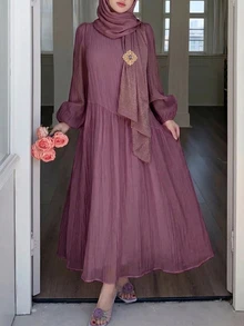 Solavon Solid Color Loose Fit Comfortable Vacation Versatile Lantern Sleeve Dress Unlined Sleeves Brunch Tea Party Mauve Purple Fall Modest Elegant - Mauve Purple - View 6