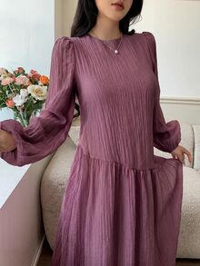 Solavon Solid Color Loose Fit Comfortable Vacation Versatile Lantern Sleeve Dress Unlined Sleeves Brunch Tea Party Mauve Purple Fall Modest Elegant - Mauve Purple - View 9