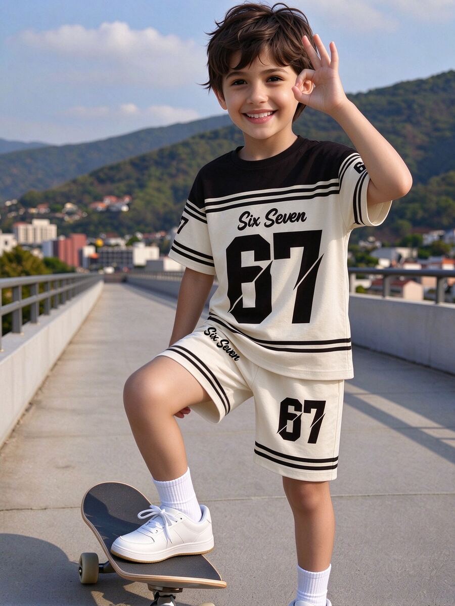 SHEIN Explorewe 2件組小男孩休閒時尚數字67白色字母印花短袖T恤與短褲套裝，舒適夏季日常穿著生日禮物
