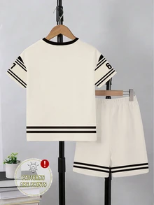 SHEIN Explorewe 2件組小男孩休閒時尚數字67白色字母印花短袖T恤與短褲套裝，舒適夏季日常穿著生日禮物 - 彩色 - 查看 3