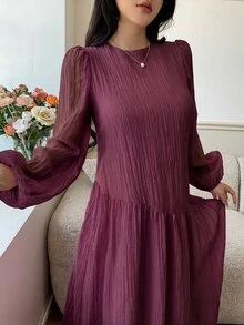 Solavon New Solid Color Loose Fit Comfortable Vacation Versatile Lantern Sleeve Dress  Unlined Sleeves Unlined Sleeves Unlined Sleeves Unlined Sleeves - Red Violet - View 9
