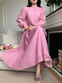 Solavon New Solid Color Loose Fit Comfortable Vacation Versatile Lantern Sleeve Dress Unlined Sleeves Pink Autumn Romantic Elegant - Baby Pink - View 5